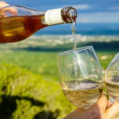 Du vin rosé versé d'une bouteille dans un verre